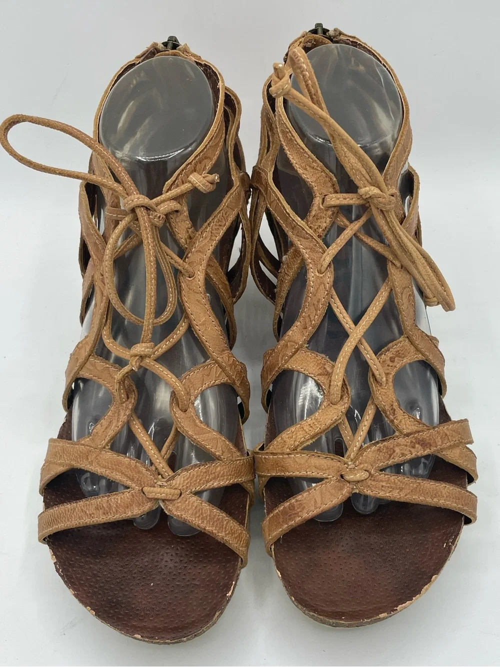 OTBT Nomadic Leather Tan Lace-Up Strappy Wedge Sandals.